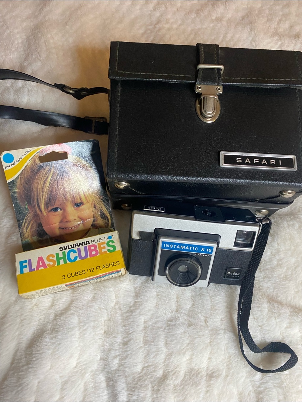 Kodak Instamatic X-15 Camera with Black Safari Case and Colorful Flash Cubes